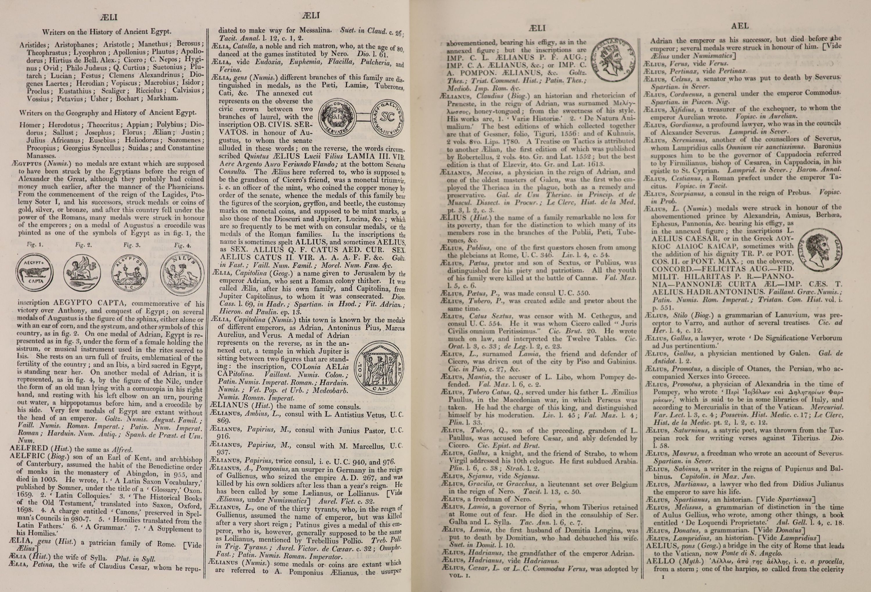 Crabb, George - Universal Historical Dictionary, or explanation of the names of persons and places in the departments of Biblical, Political... 2 vols. 40 plates and numerous text illustrations. Half calf and marbled pap